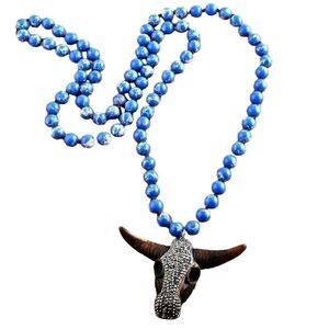 Boho Western Cow Skull Necklace Womens Long Knotted Blue Stone Beaded Brand New